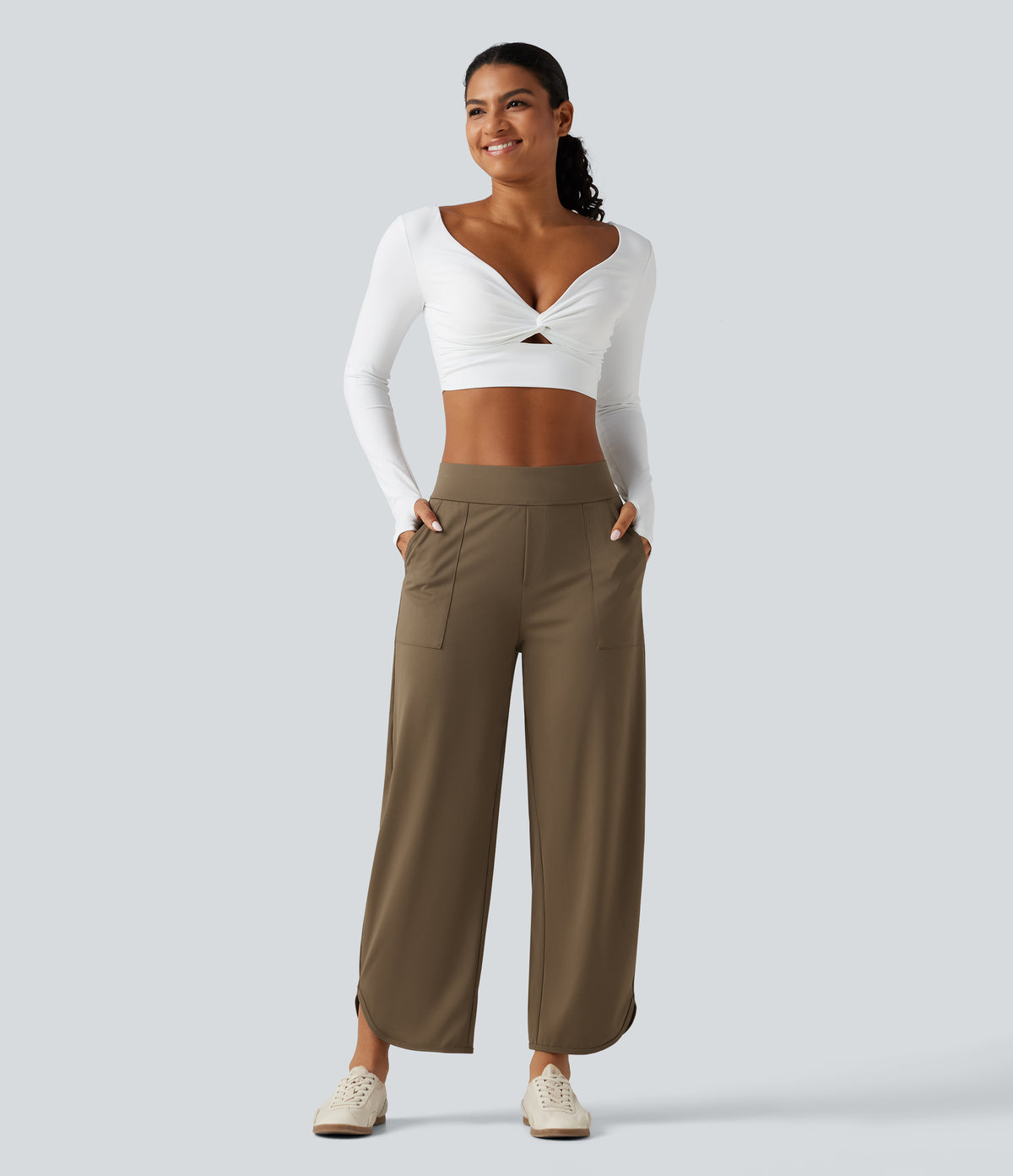 High Waisted Barrel Leg Curved Hem Quick Dry Dance Trousers with Pockets-UPF40+ — Shitake — view 7
