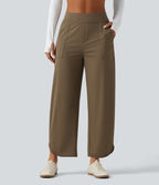 High Waisted Barrel Leg Curved Hem Quick Dry Dance Trousers with Pockets-UPF40+ — Shitake — view 3