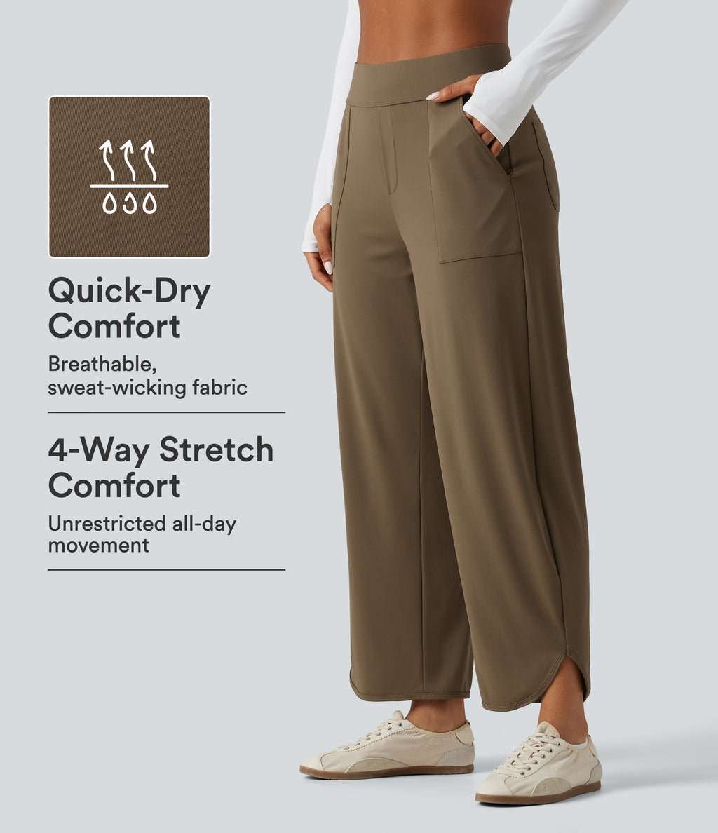 High Waisted Barrel Leg Curved Hem Quick Dry Dance Trousers with Pockets-UPF40+ — Shitake — view 1