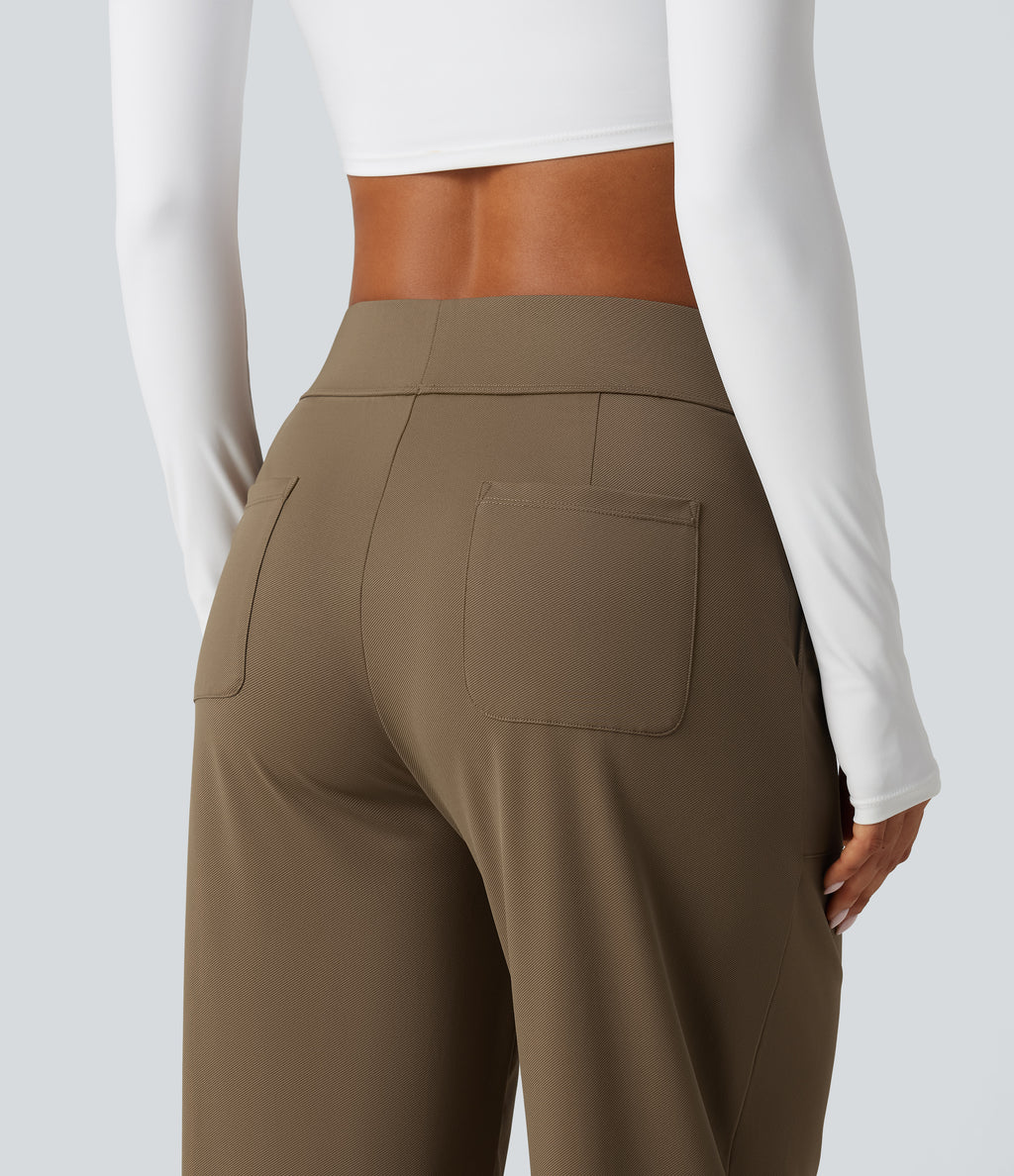 High Waisted Barrel Leg Curved Hem Quick Dry Dance Trousers with Pockets-UPF40+ — Shitake — view 4