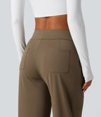 High Waisted Barrel Leg Curved Hem Quick Dry Dance Trousers with Pockets-UPF40+ — Shitake — view 4