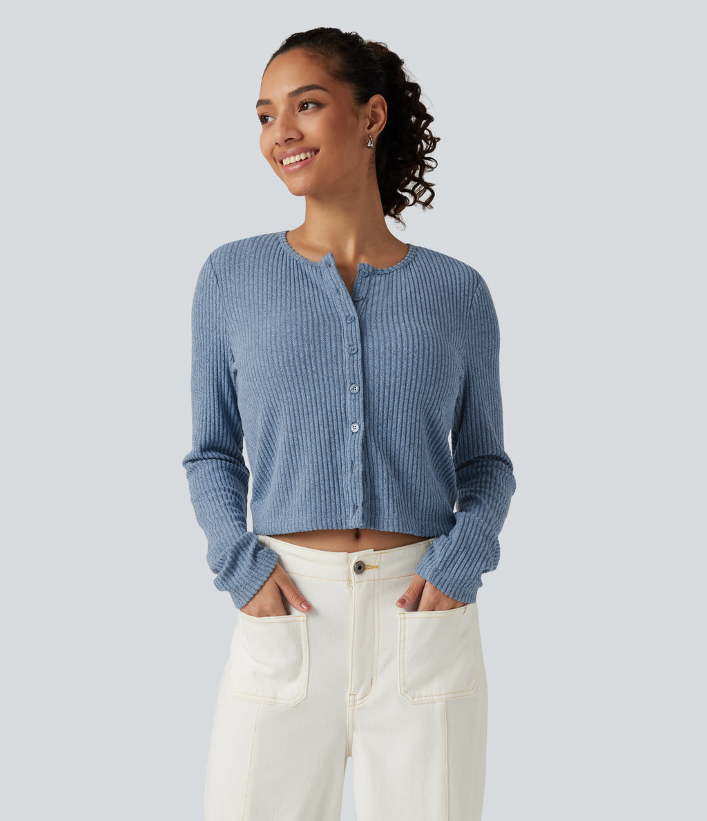Ribbed Knit Round Neck Long Sleeve Lounge Top — Deep Aqua — view 4