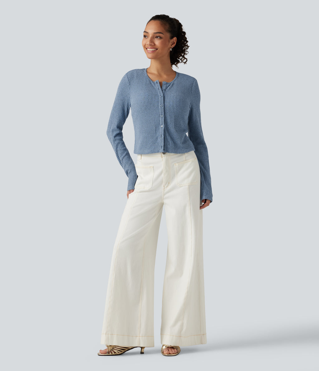 Ribbed Knit Round Neck Long Sleeve Lounge Top — Deep Aqua — view 7