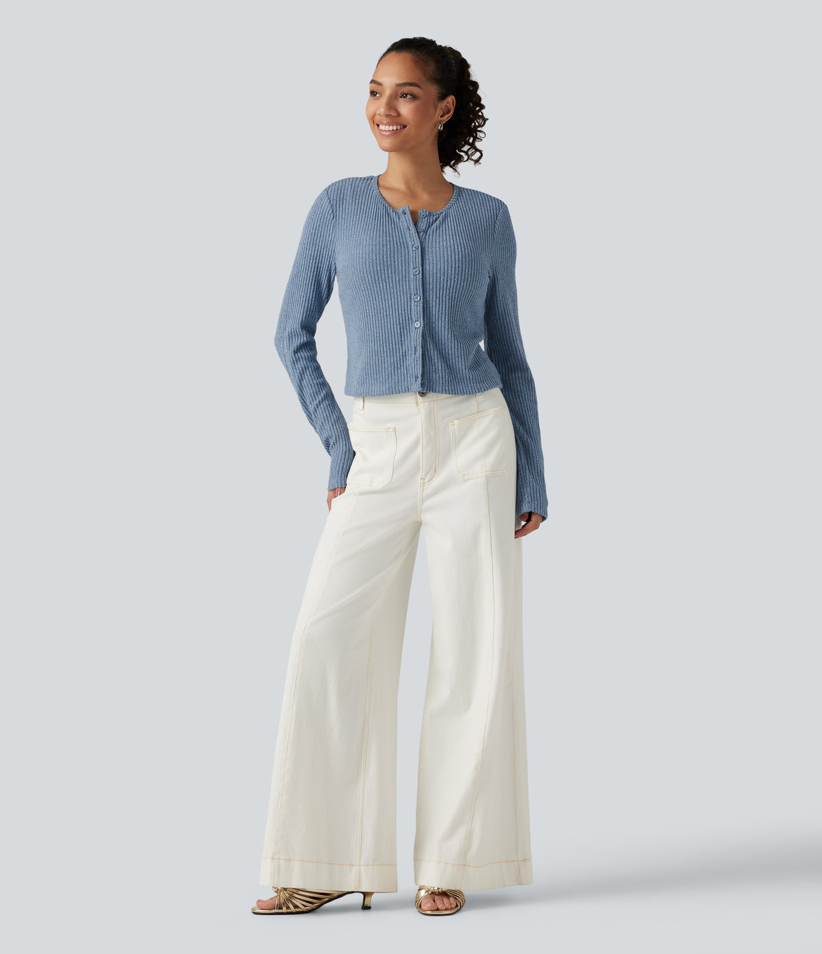 Ribbed Knit Round Neck Long Sleeve Lounge Top — Deep Aqua — view 7