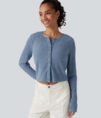 Ribbed Knit Round Neck Long Sleeve Lounge Top — Deep Aqua — view 1