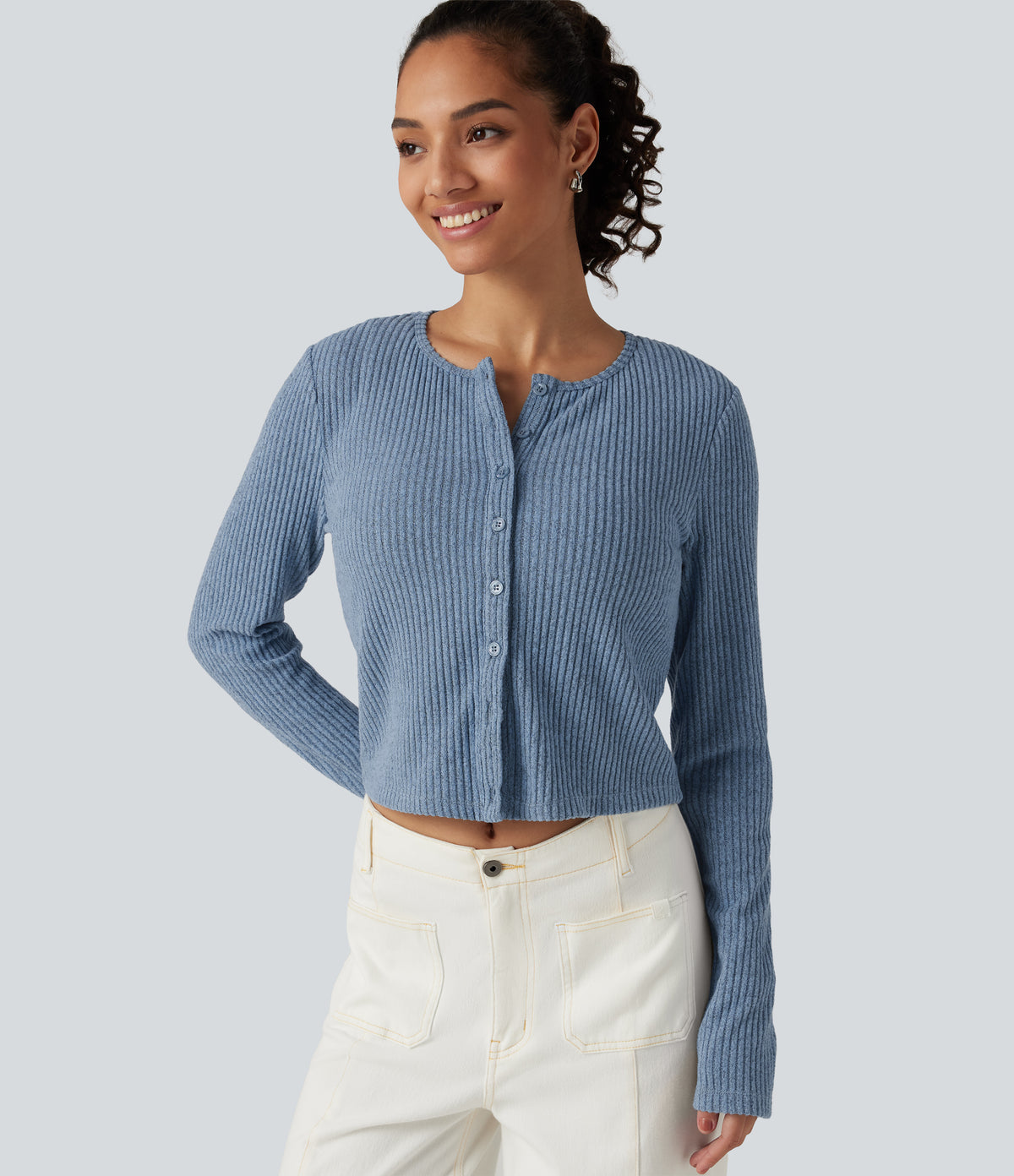 Ribbed Knit Round Neck Long Sleeve Lounge Top — Deep Aqua — view 1