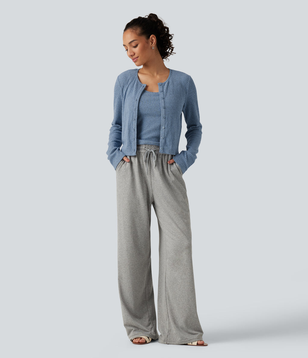 Ribbed Knit Round Neck Long Sleeve Lounge Top — Deep Aqua — view 6
