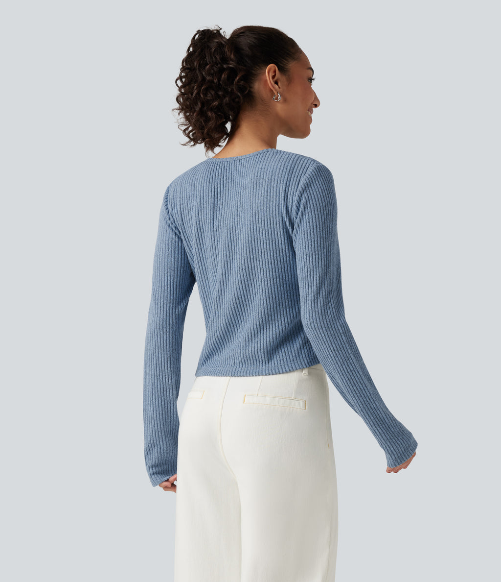 Ribbed Knit Round Neck Long Sleeve Lounge Top — Deep Aqua — view 2