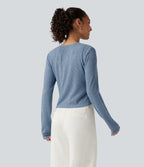 Ribbed Knit Round Neck Long Sleeve Lounge Top — Deep Aqua — view 2
