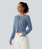 Ribbed Knit Round Neck Long Sleeve Lounge Top — Deep Aqua — view 3