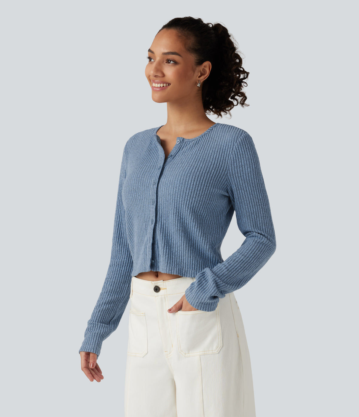Ribbed Knit Round Neck Long Sleeve Lounge Top — Deep Aqua — view 3