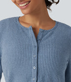 Ribbed Knit Round Neck Long Sleeve Lounge Top — Deep Aqua — view 5