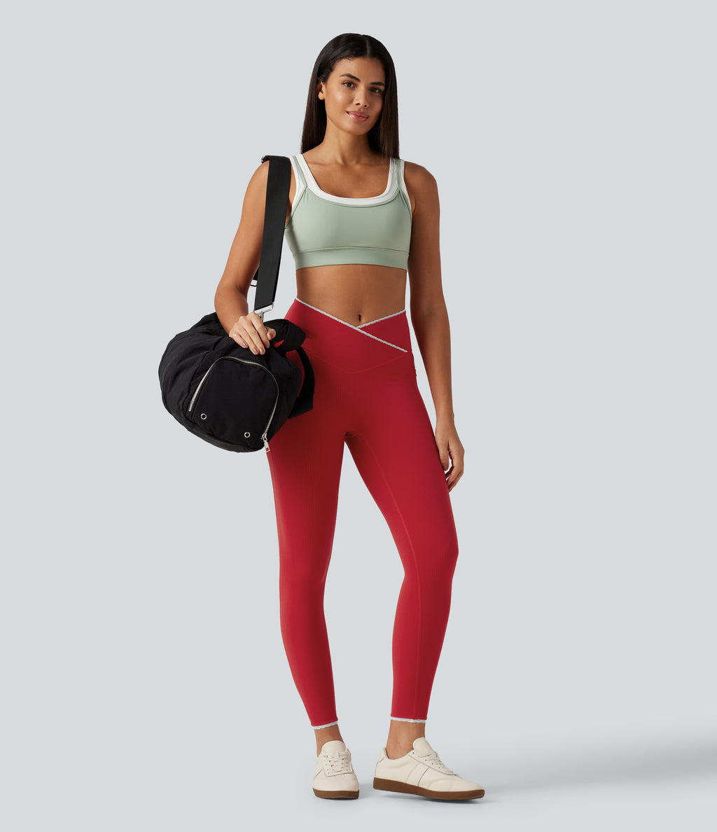 High Waisted Crossover Color Block Yoga Leggings with Pockets — Salsa — view 8