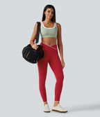 High Waisted Crossover Color Block Yoga Leggings with Pockets — Salsa — view 8