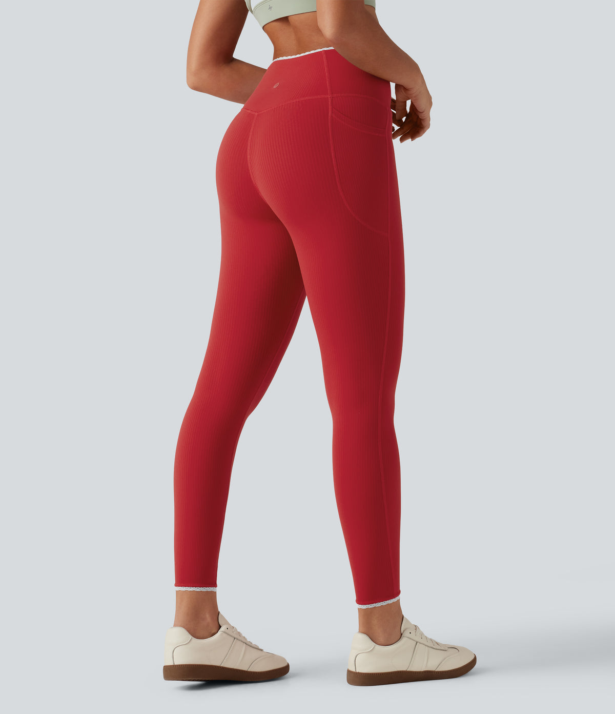 High Waisted Crossover Color Block Yoga Leggings with Pockets — Salsa — view 2