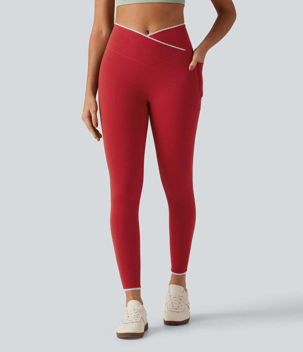 High Waisted Crossover Color Block Yoga Leggings with Pockets — Salsa — view 3