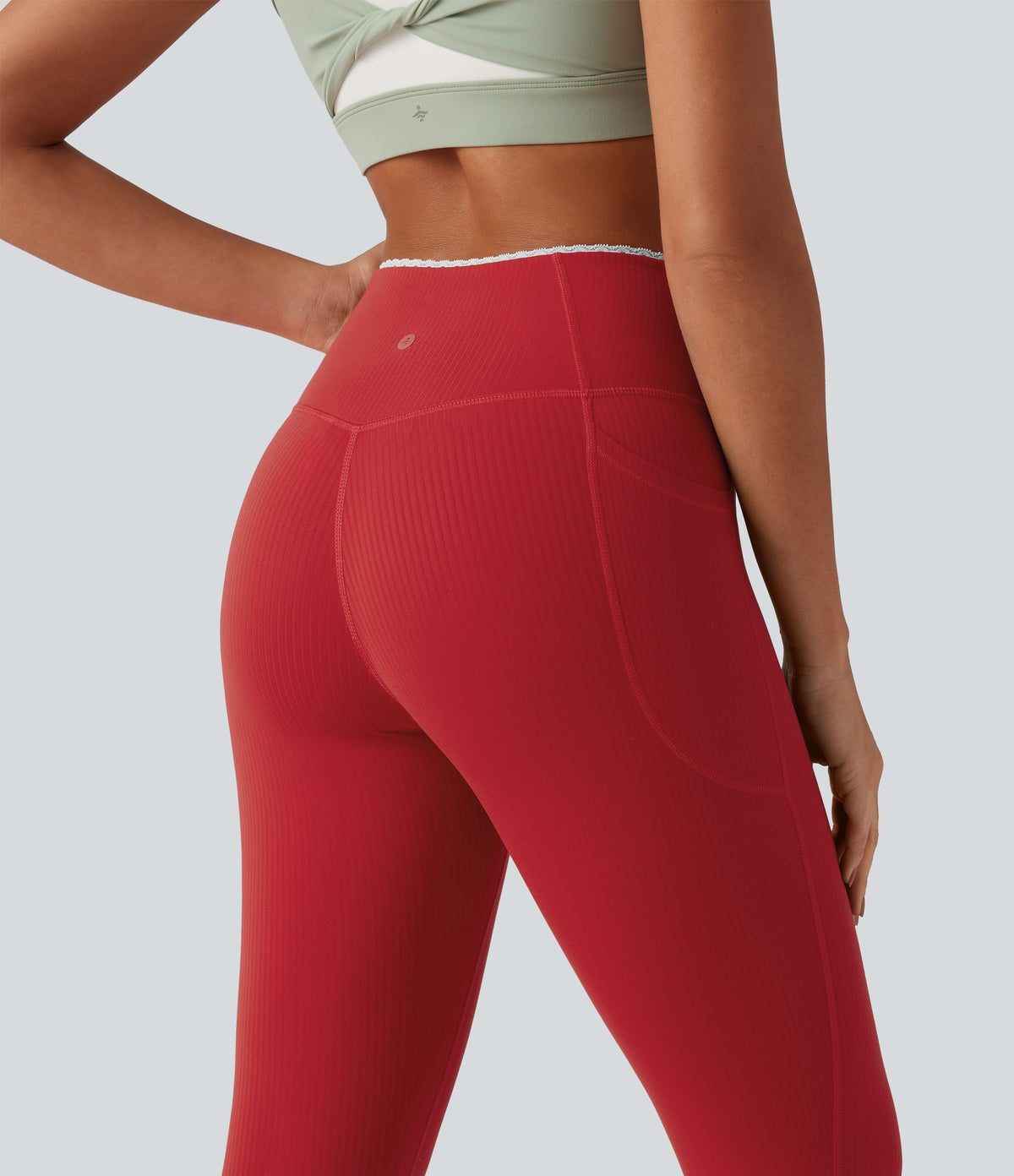 High Waisted Crossover Color Block Yoga Leggings with Pockets — Salsa — view 5