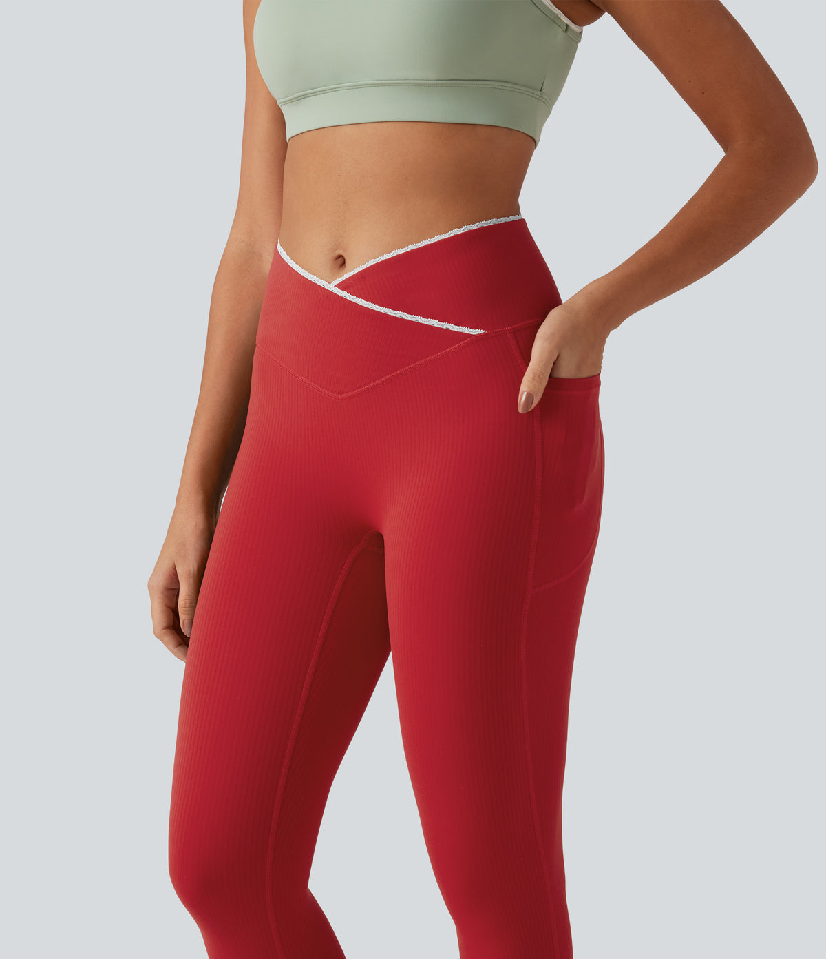 High Waisted Crossover Color Block Yoga Leggings with Pockets — Salsa — view 4