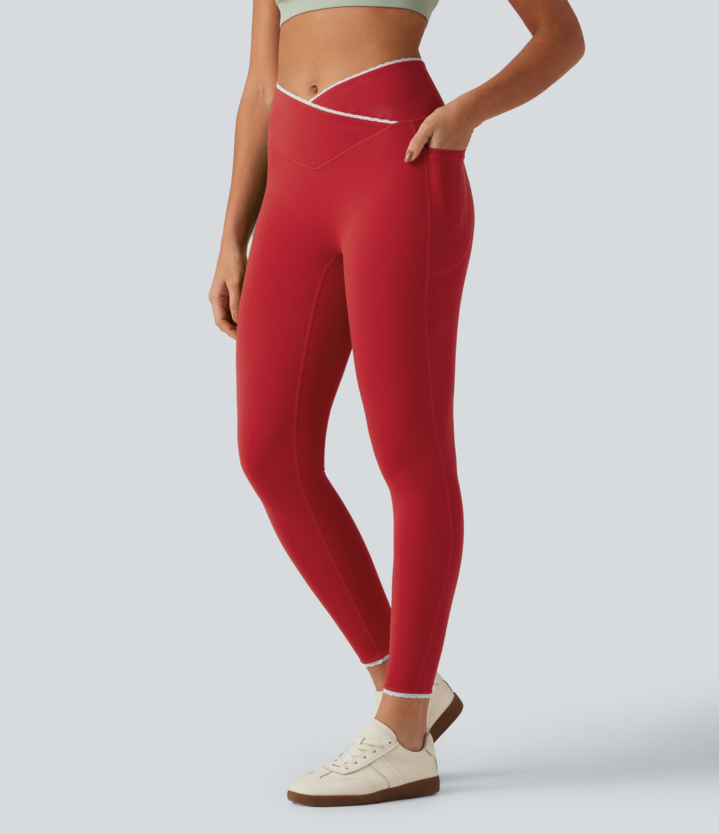 High Waisted Crossover Color Block Yoga Leggings with Pockets — Salsa — view 1