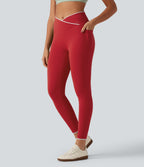 High Waisted Crossover Color Block Yoga Leggings with Pockets — Salsa — view 1