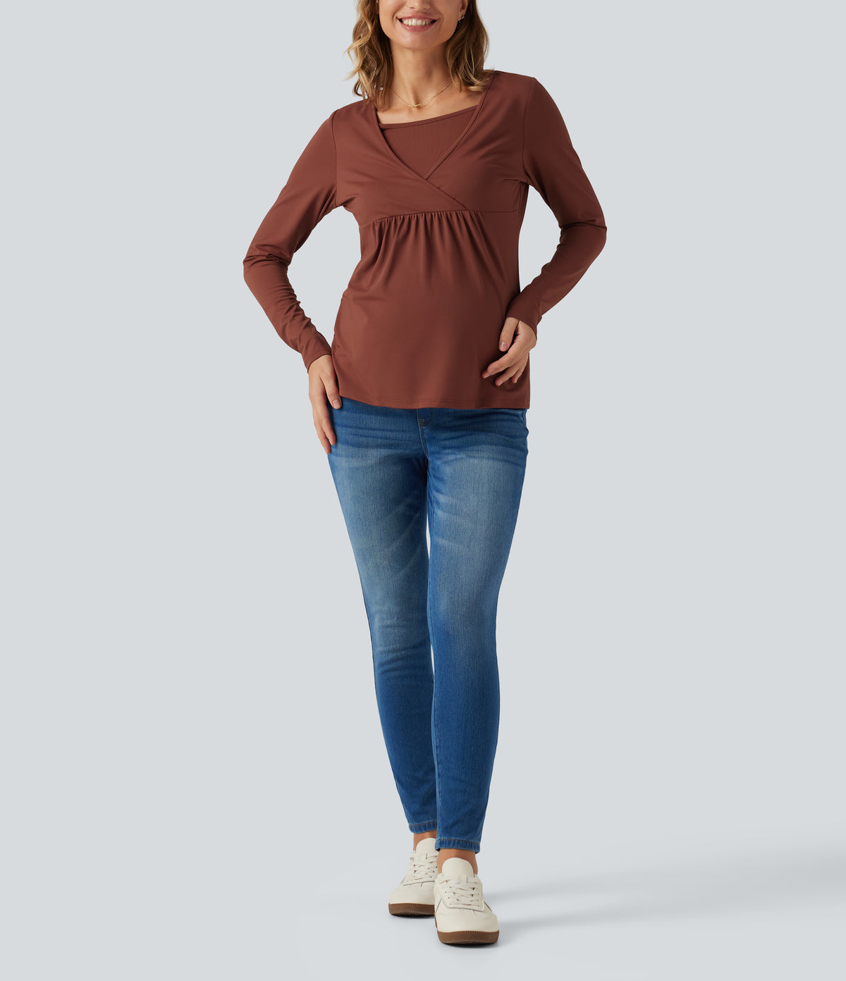 Boat Neck Long Sleeve Crossover Casual Maternity Top — Maple Syrup — view 7