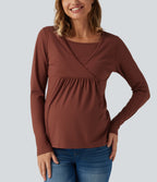 Boat Neck Long Sleeve Crossover Casual Maternity Top — Maple Syrup — view 3