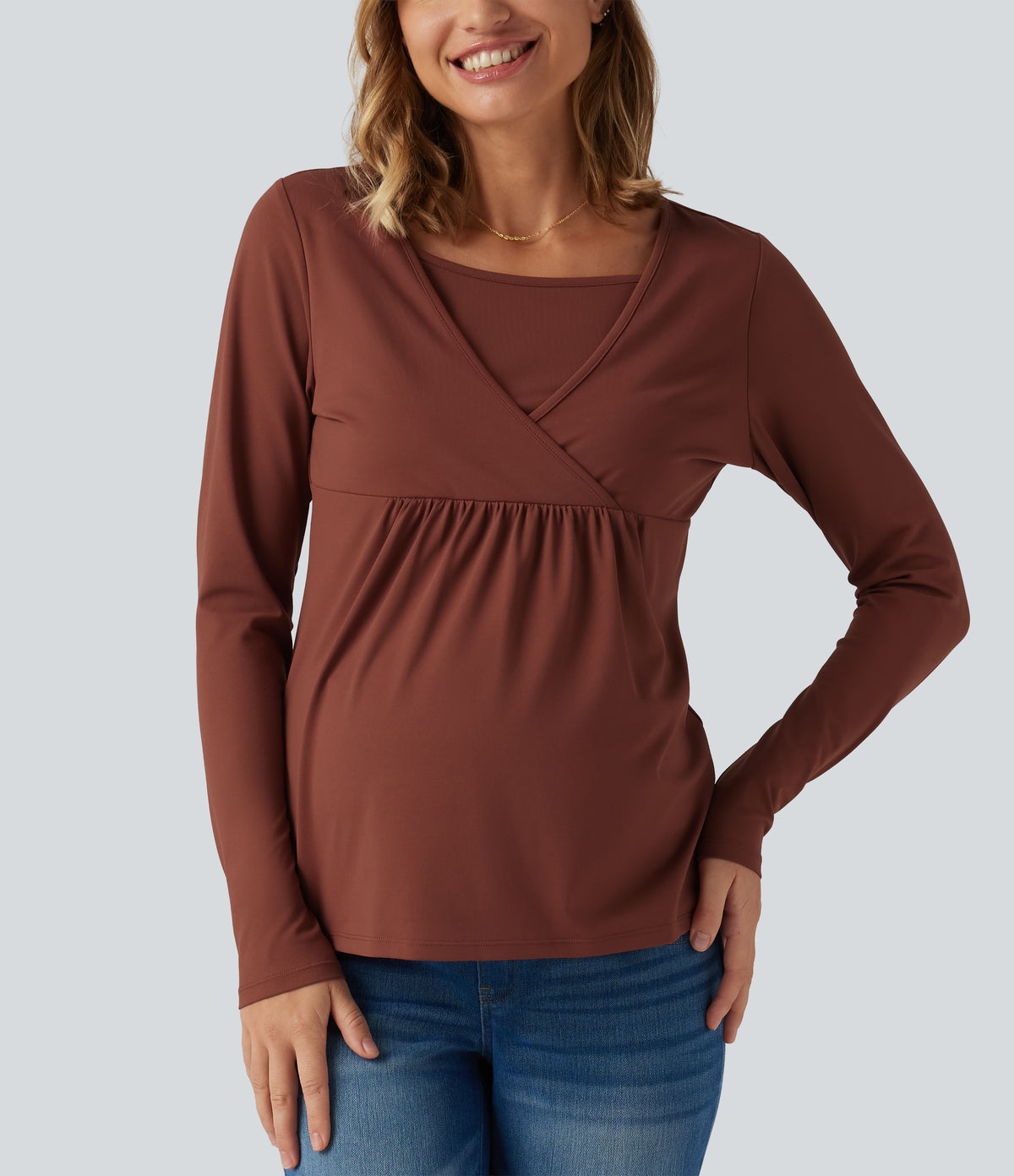 Boat Neck Long Sleeve Crossover Casual Maternity Top — Maple Syrup — view 3