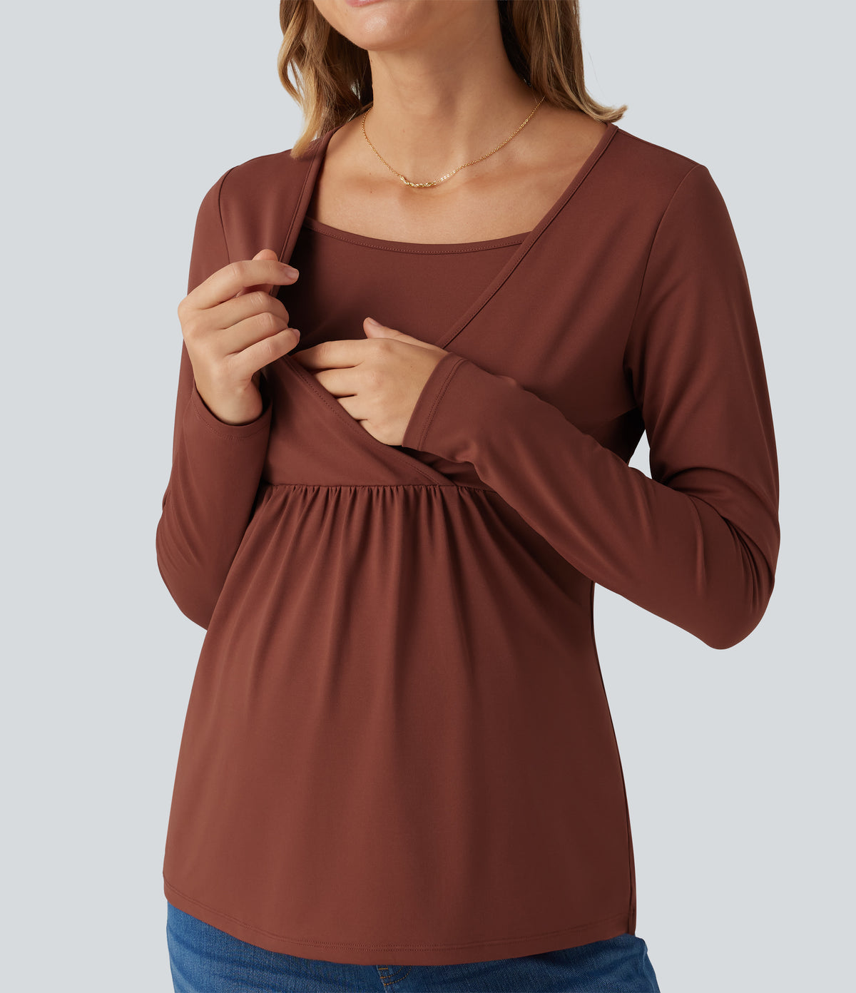 Boat Neck Long Sleeve Crossover Casual Maternity Top — Maple Syrup — view 5