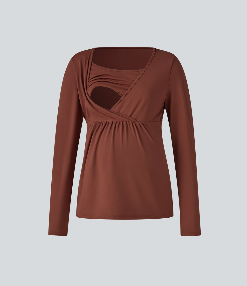 Boat Neck Long Sleeve Crossover Casual Maternity Top — Maple Syrup — view 8