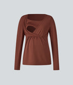Boat Neck Long Sleeve Crossover Casual Maternity Top — Maple Syrup — view 8