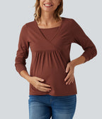 Boat Neck Long Sleeve Crossover Casual Maternity Top — Maple Syrup — view 4