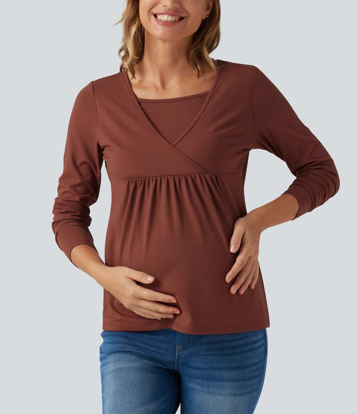 Boat Neck Long Sleeve Crossover Casual Maternity Top — Maple Syrup — view 4
