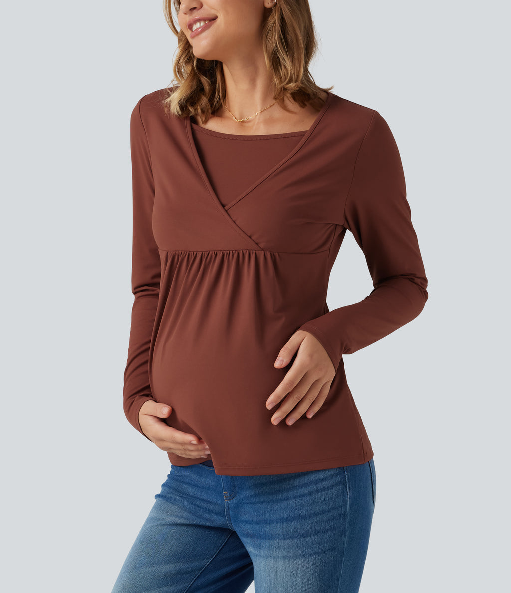 Boat Neck Long Sleeve Crossover Casual Maternity Top — Maple Syrup — view 1