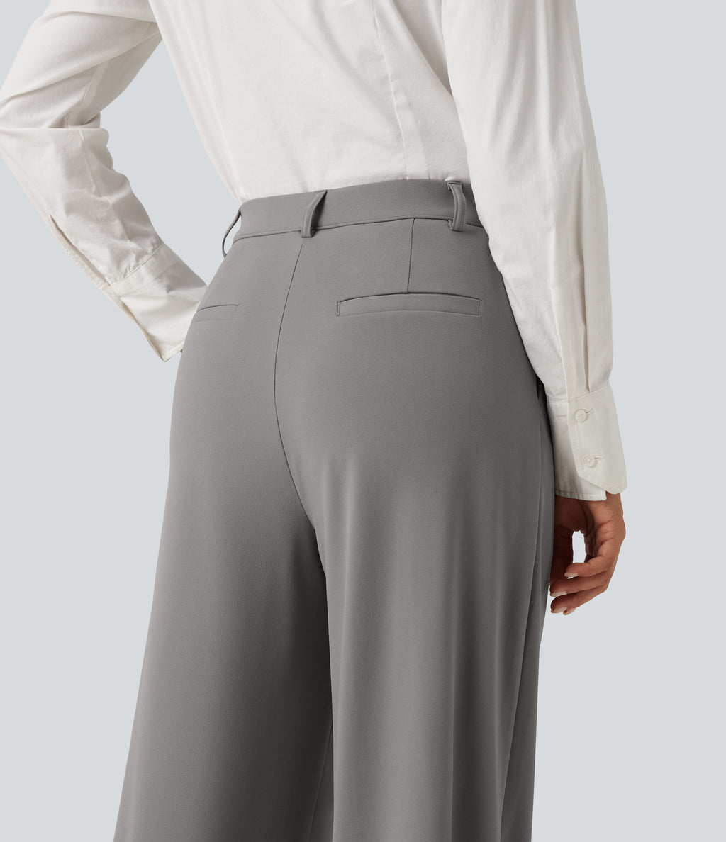 High Waisted Pleated Wide Leg Work Trousers with Pockets — Silent Storm — view 5