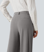 High Waisted Pleated Wide Leg Work Trousers with Pockets — Silent Storm — view 5