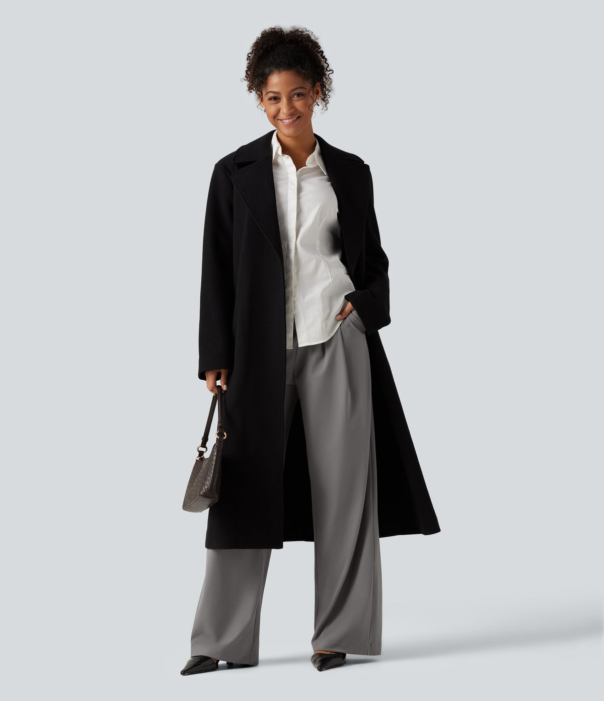 High Waisted Pleated Wide Leg Work Trousers with Pockets — Silent Storm — view 7