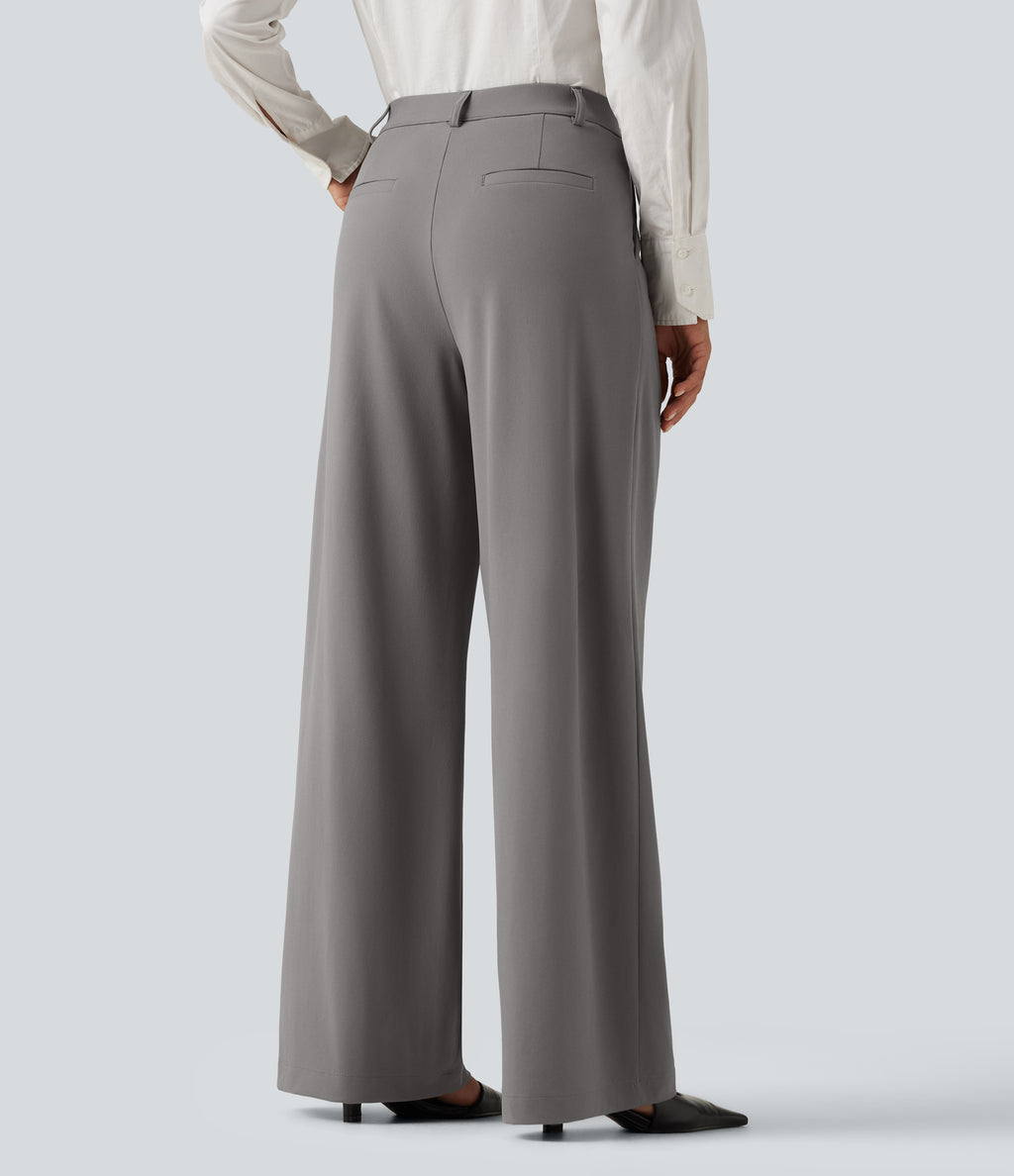 High Waisted Pleated Wide Leg Work Trousers with Pockets — Silent Storm — view 2