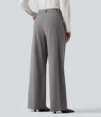 High Waisted Pleated Wide Leg Work Trousers with Pockets — Silent Storm — view 2
