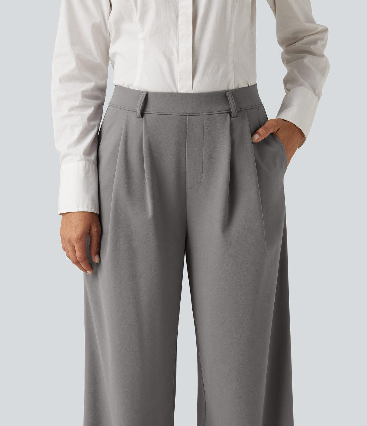 High Waisted Pleated Wide Leg Work Trousers with Pockets — Silent Storm — view 4