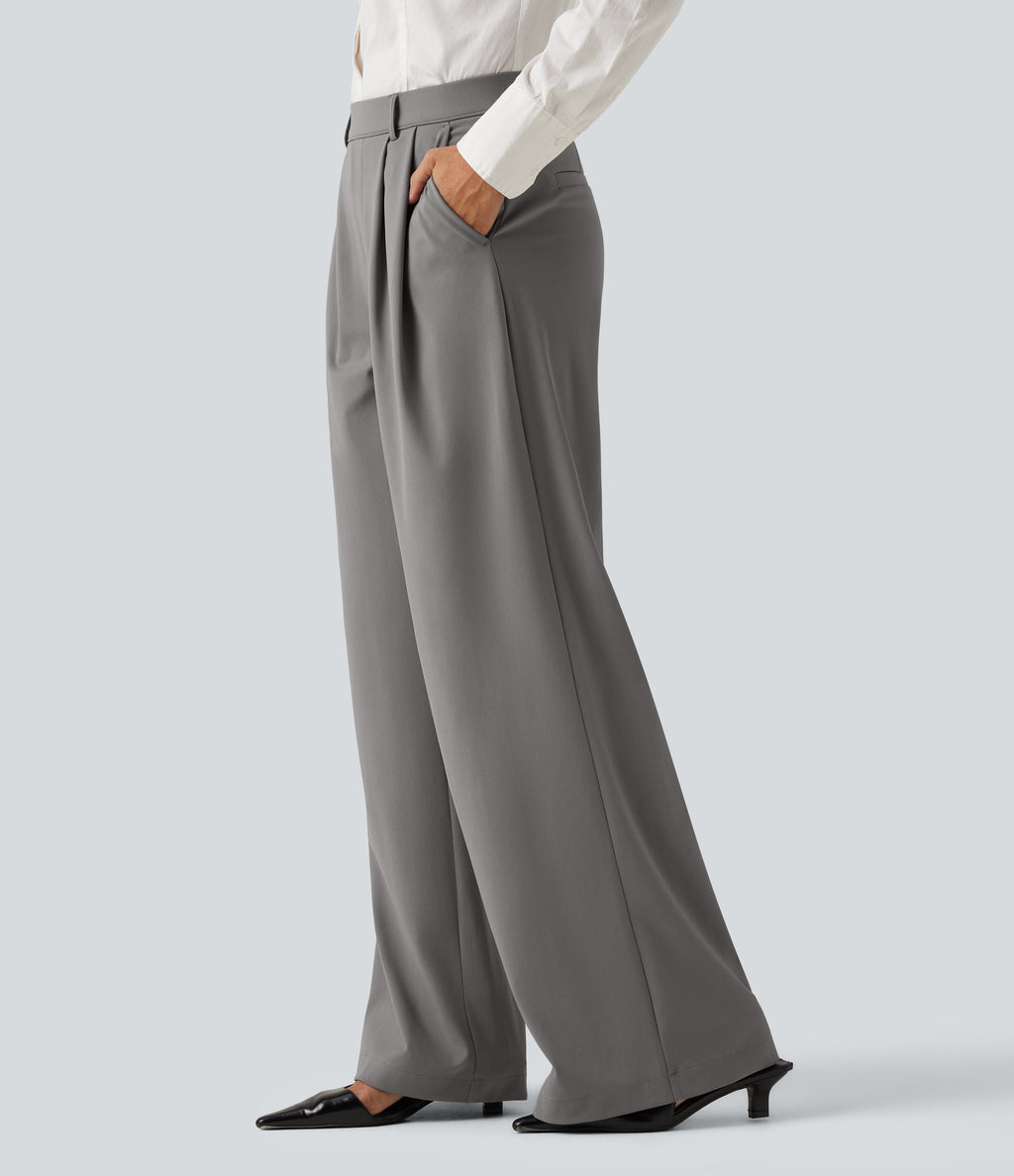 High Waisted Pleated Wide Leg Work Trousers with Pockets — Silent Storm — view 3