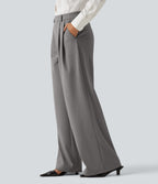 High Waisted Pleated Wide Leg Work Trousers with Pockets — Silent Storm — view 3