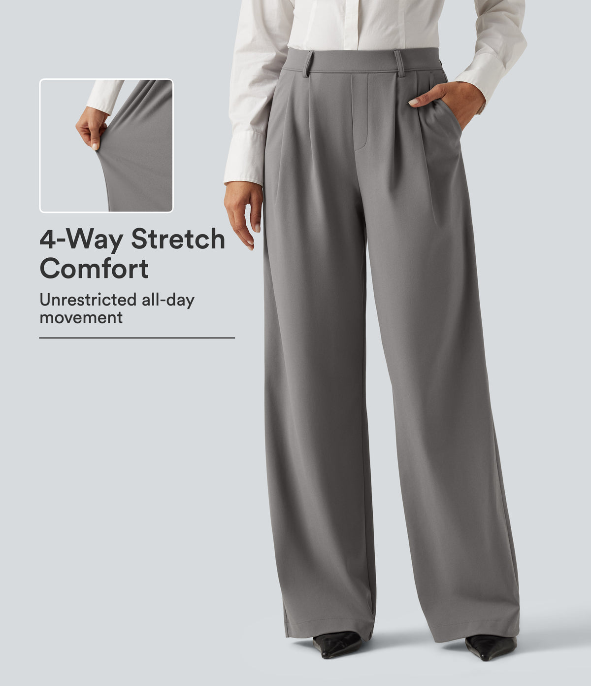 High Waisted Pleated Wide Leg Work Trousers with Pockets — Silent Storm — view 1