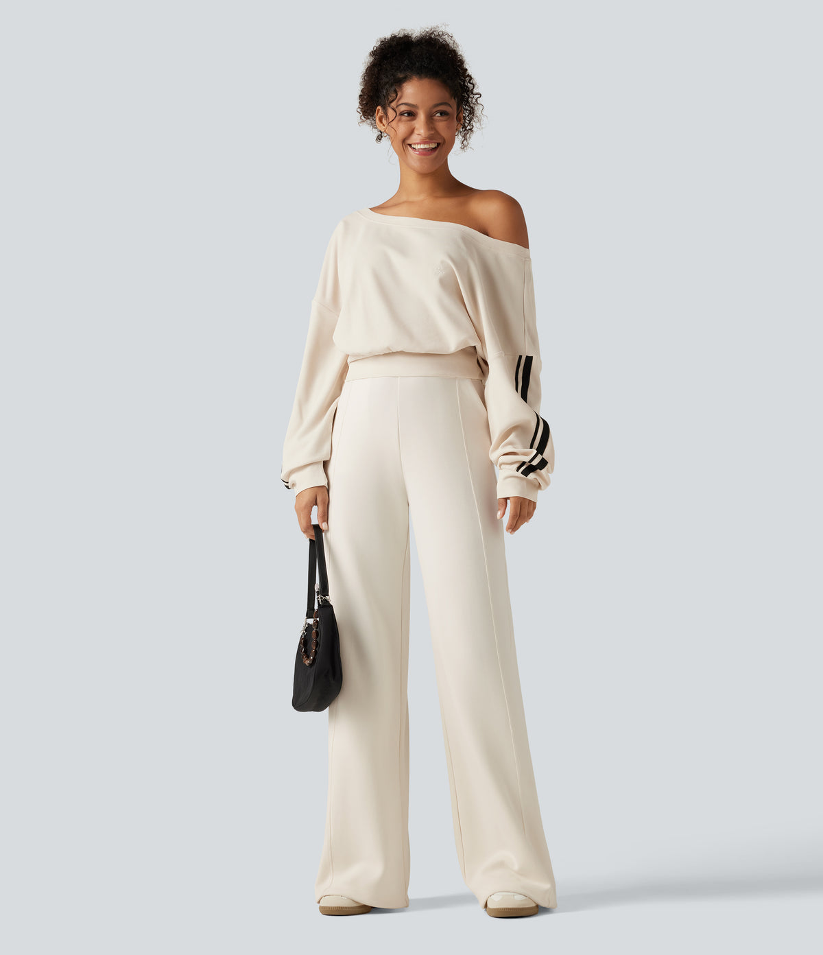 High Waisted Wide Leg Casual Sweatpants with Pockets — Milk Tea Apricot — view 8