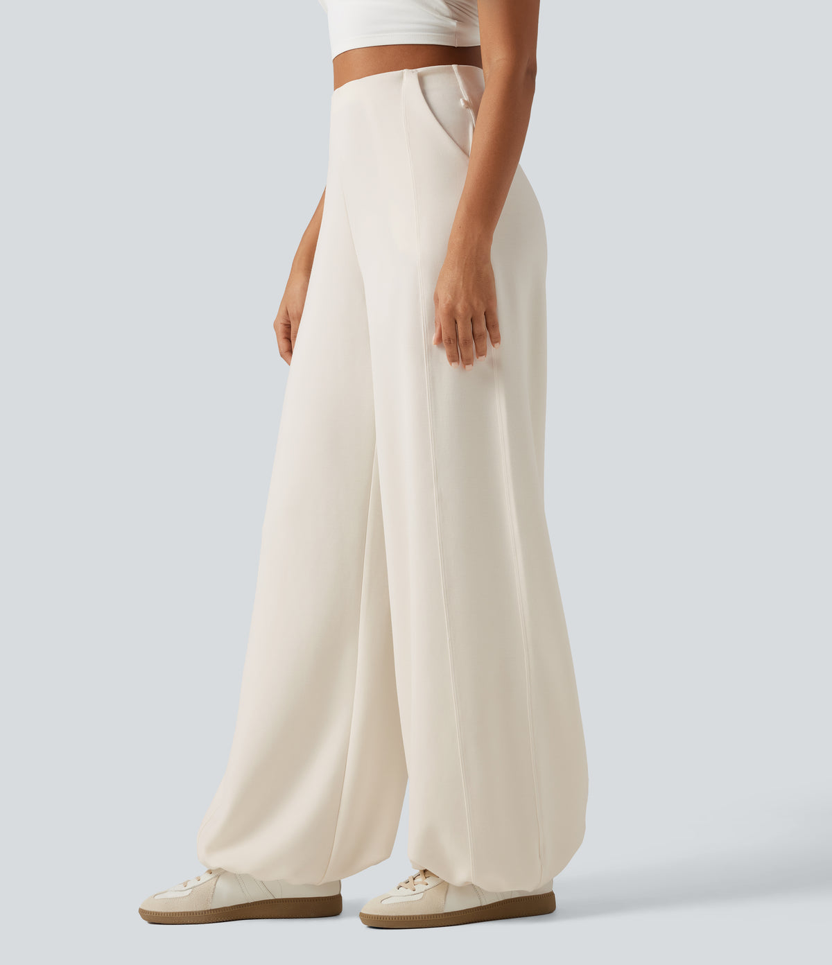 High Waisted Wide Leg Casual Sweatpants with Pockets — Milk Tea Apricot — view 3