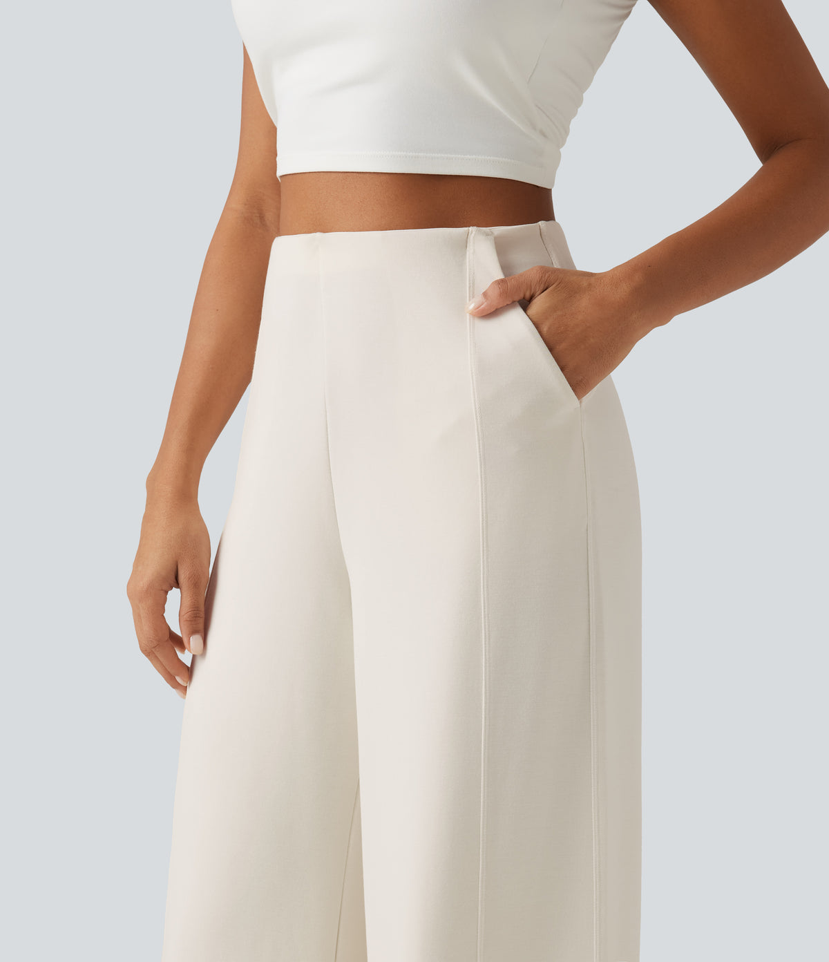 High Waisted Wide Leg Casual Sweatpants with Pockets — Milk Tea Apricot — view 5
