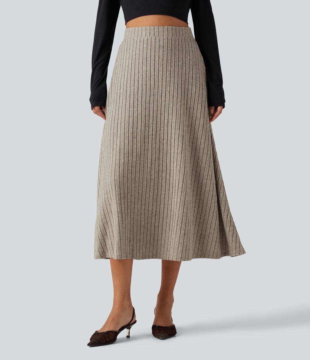 Ribbed Knit High Waisted A-Line Midi Party Skirt — Warm Grey Floral Velvet — view 1