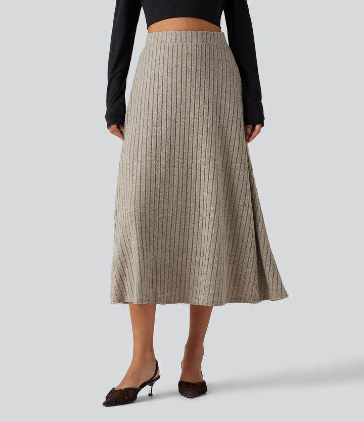 Ribbed Knit High Waisted A-Line Midi Party Skirt — Warm Grey Floral Velvet — view 1