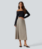 Ribbed Knit High Waisted A-Line Midi Party Skirt — Warm Grey Floral Velvet — view 6
