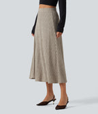 Ribbed Knit High Waisted A-Line Midi Party Skirt — Warm Grey Floral Velvet — view 3