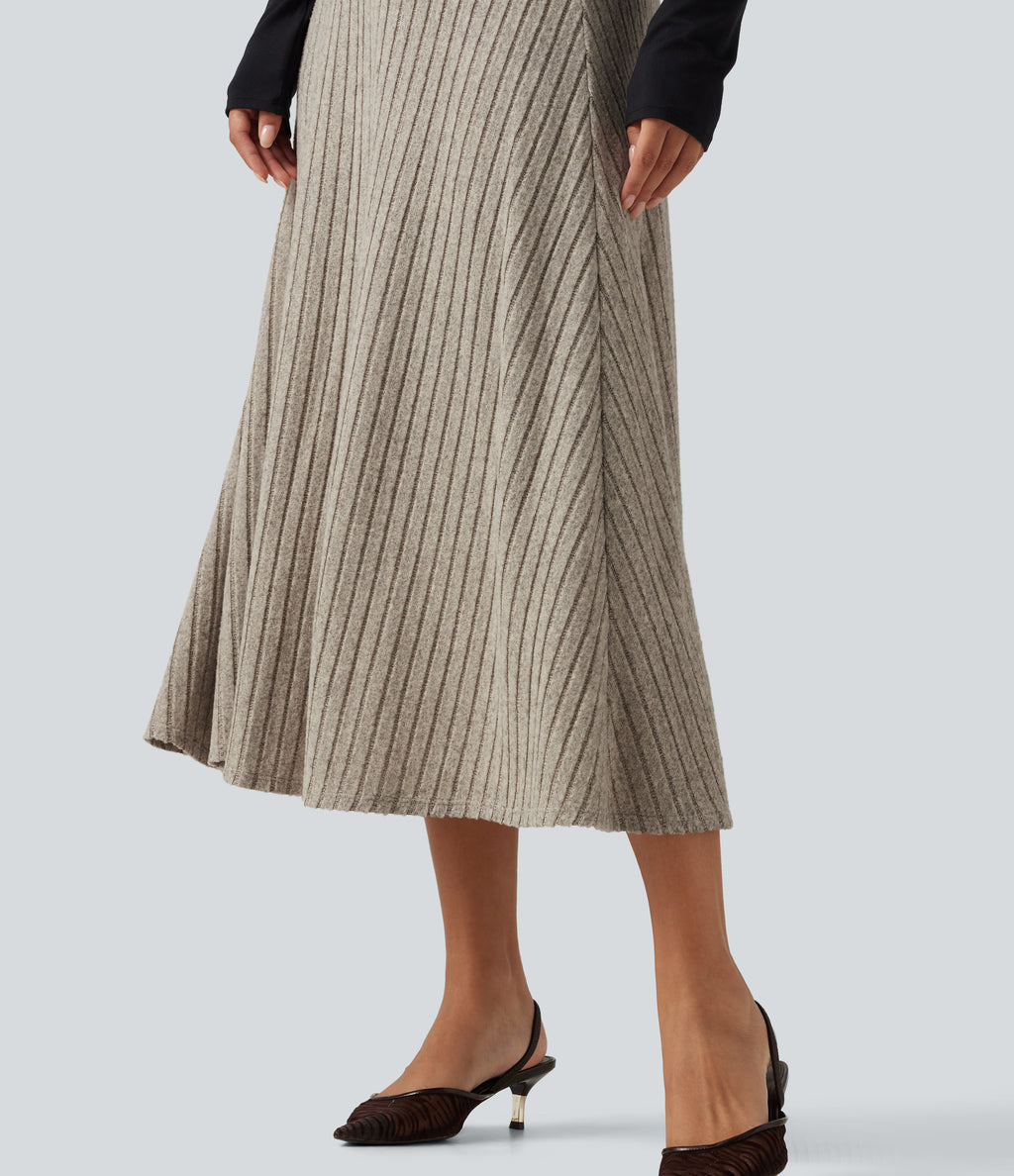 Ribbed Knit High Waisted A-Line Midi Party Skirt — Warm Grey Floral Velvet — view 5